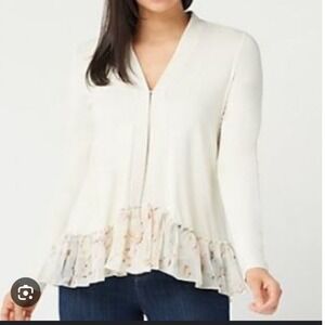 LOGO by Lori Goldstein Cream Ruffle Trim Floral Print Cardigan  Top Women's 2X